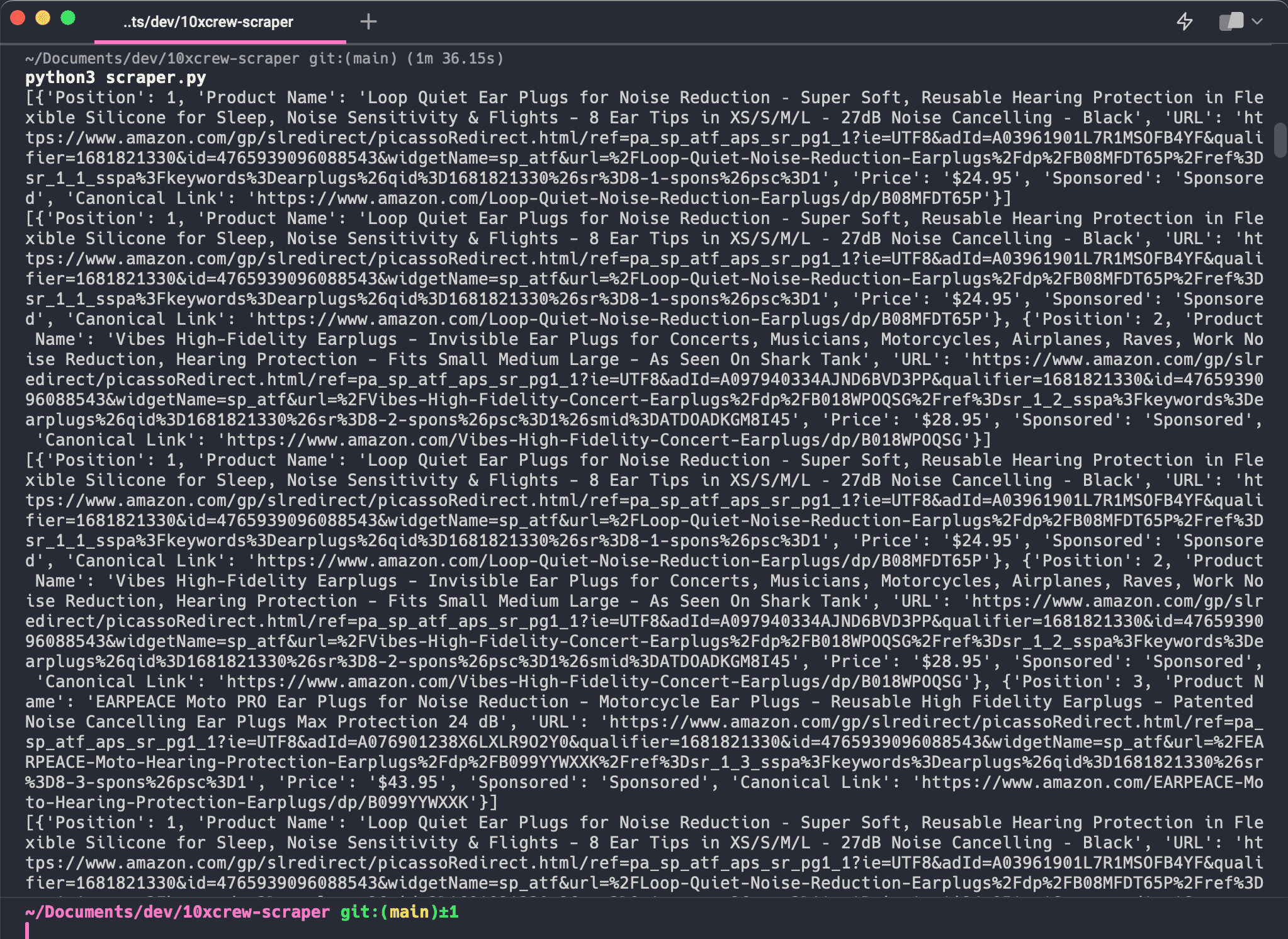 10XCrew - Python Scraper - Printed response